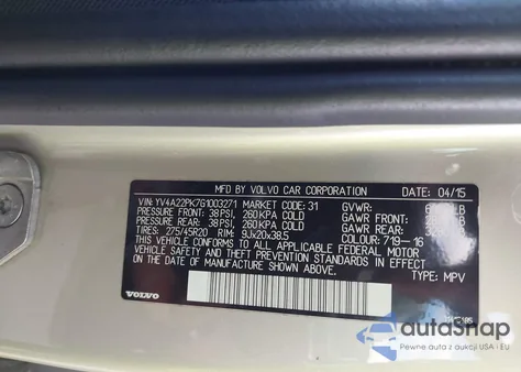 2016 Volvo Xc90 T6 Momentum z USA, uszkodzony, nr VIN YV4A22PK7G1003271